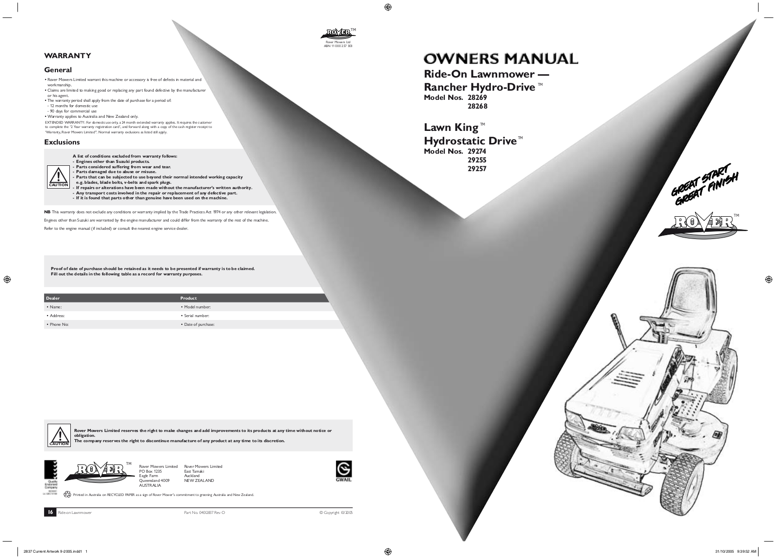 Rover 28268, 29257, 29255 User Manual