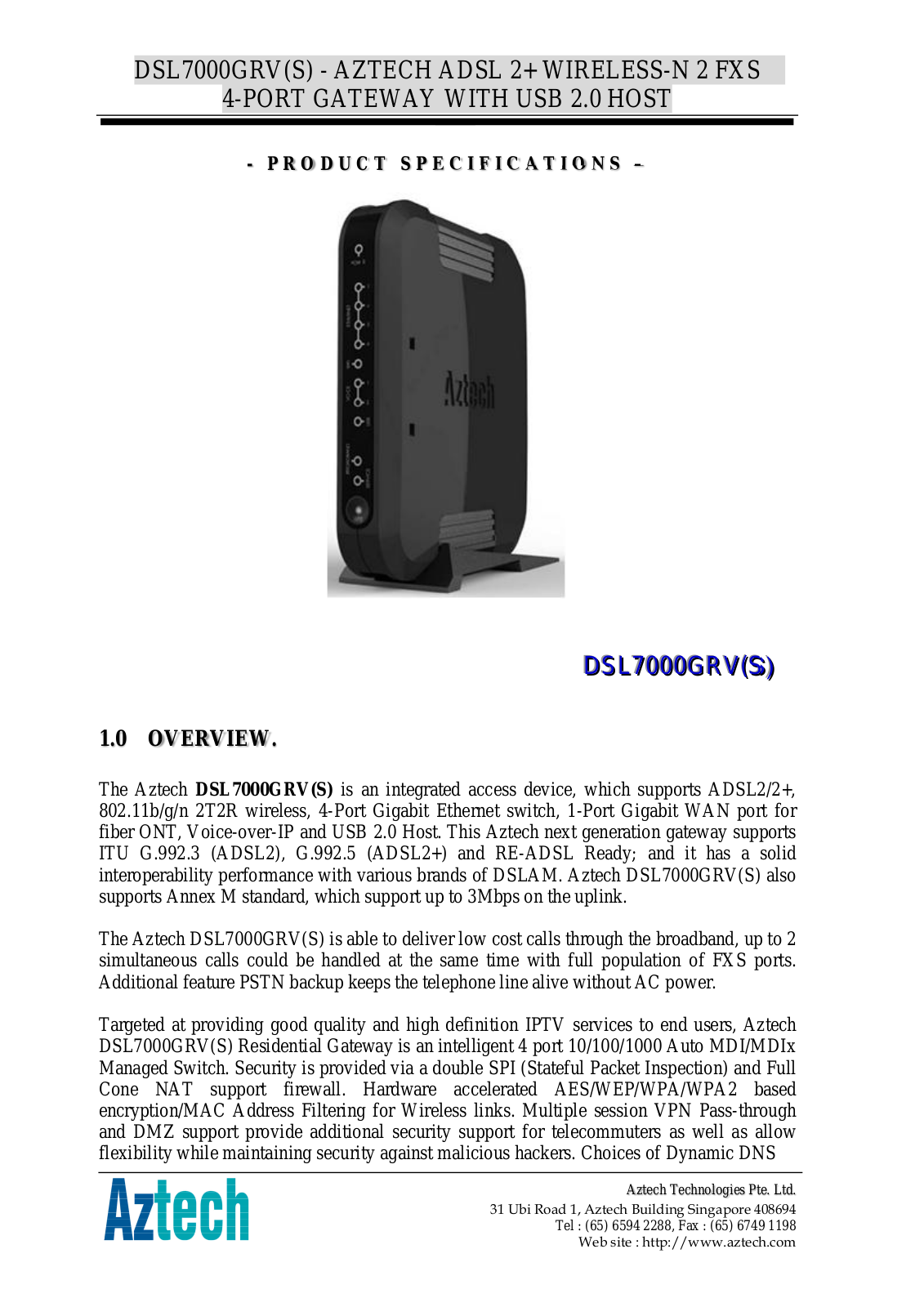 Aztech DSL7000GRVS Product Datasheet