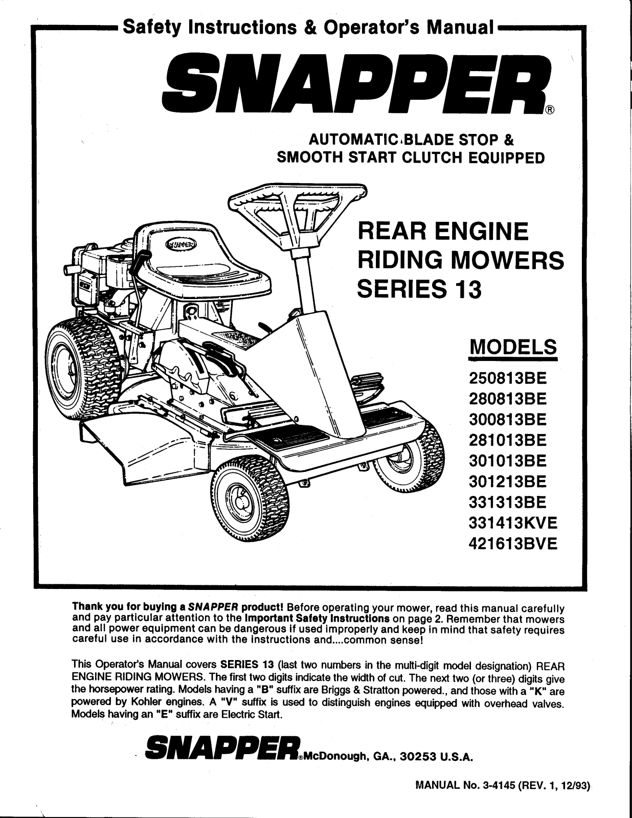 Snapper 301013BE, 301213BE, 300813BE User Manual