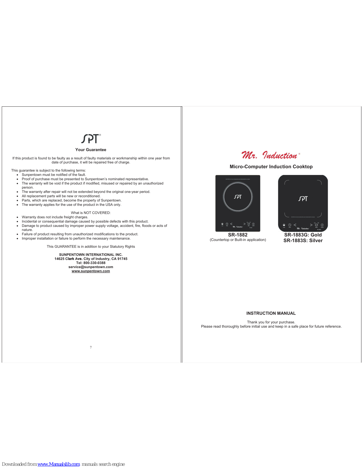 Mr. Induction SR-1882, SR-1883S, SR-1883G Instruction Manual