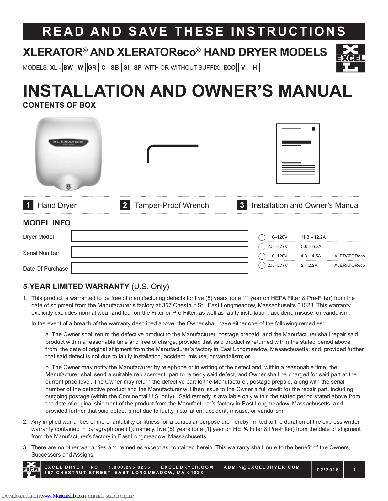 Excel XL-BW, XL-C, XL-GR, XL-W, XL-SB Installation And Owner's Manual