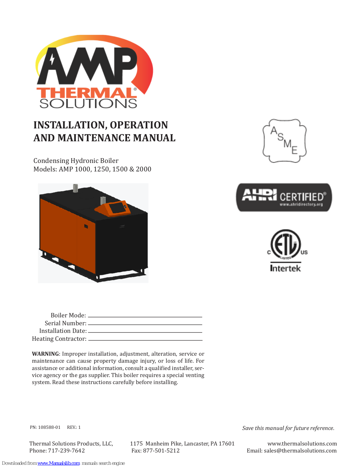 Thermal Solutions AMP 1000, AMP 1250, AMP 1500, AMP 2000 Installation, Operation And Maintenance Manual - ManualMachine.com