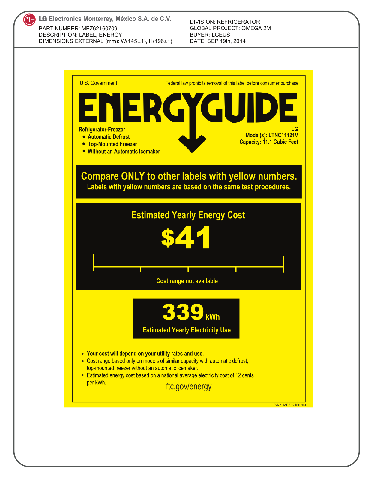 Lg LTNC11121V Energy Guide