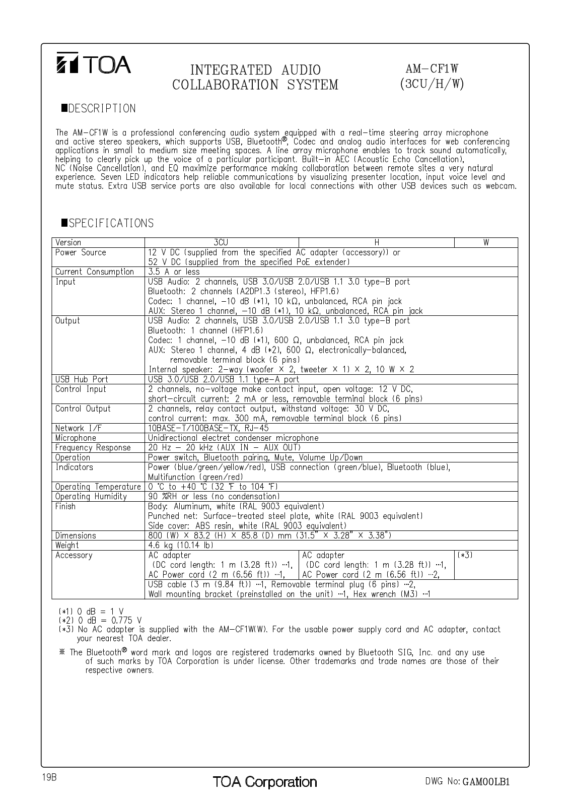 TOA AV-60S-AM, LENUBIO (AM-CF1) Specifications