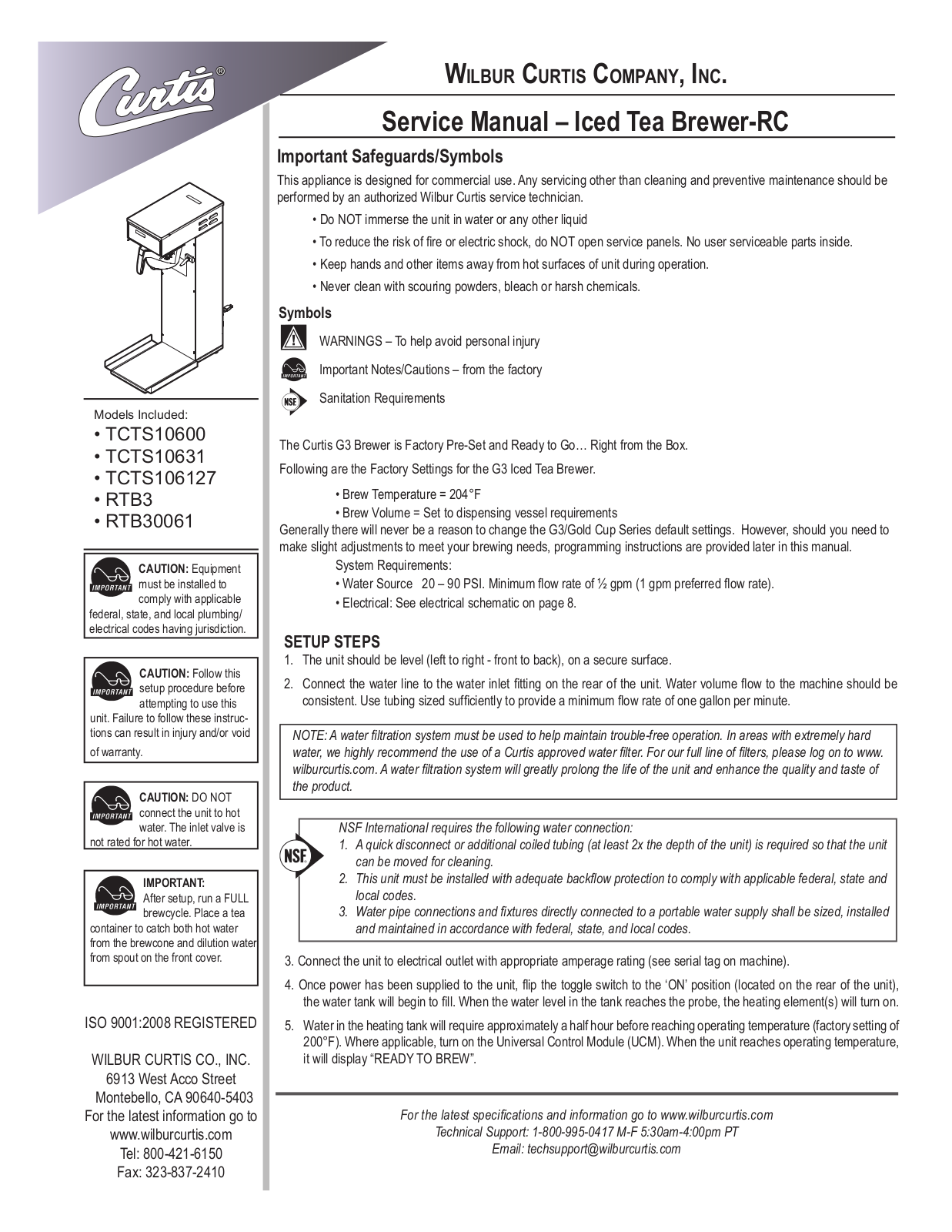 Wilbur Curtis RTB30061 User Manual