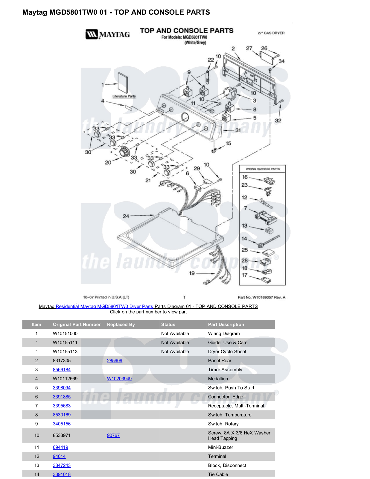 Maytag MGD5801TW0 Parts Diagram