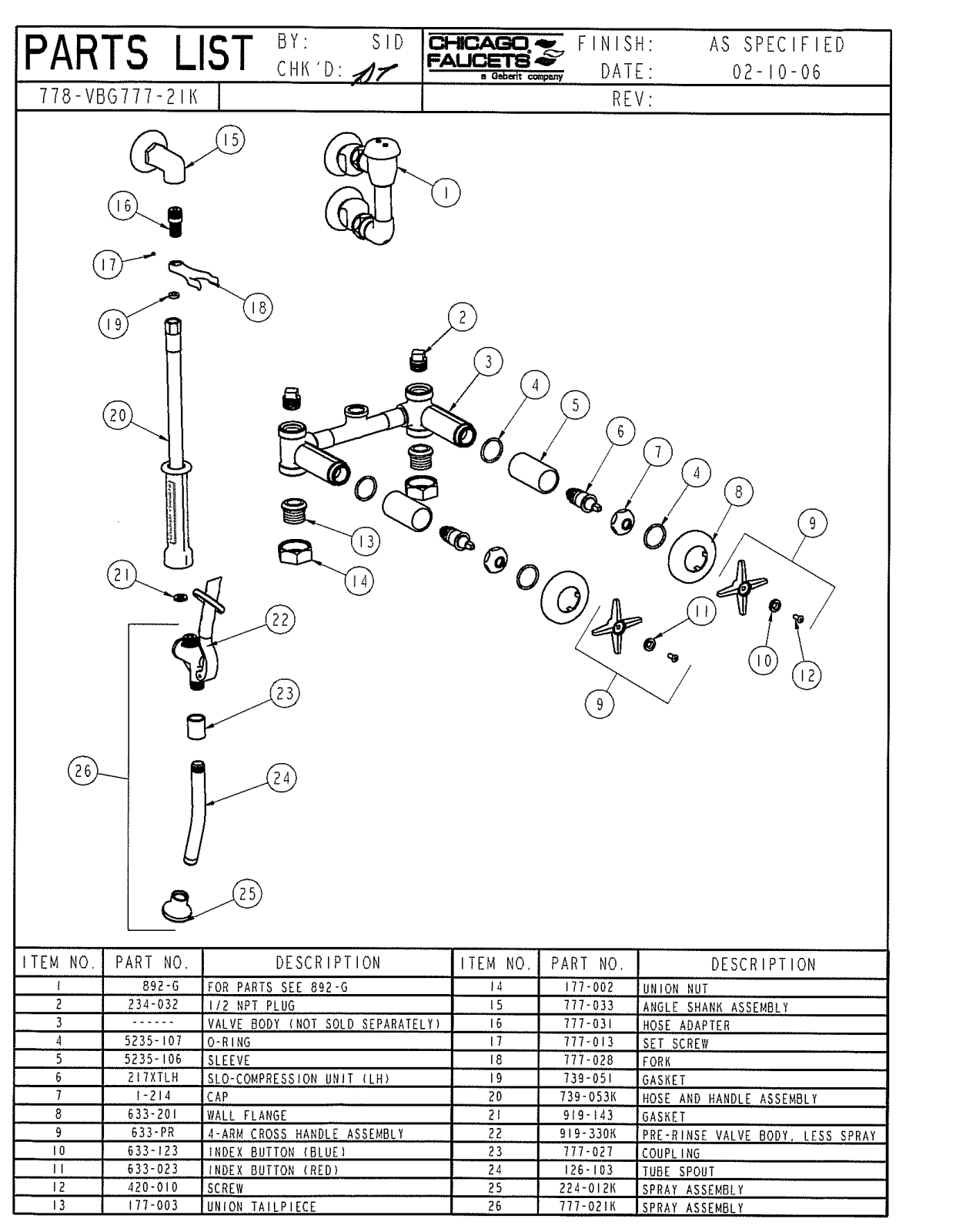 Chicago Faucet 778-VBG777-21KCP Parts List