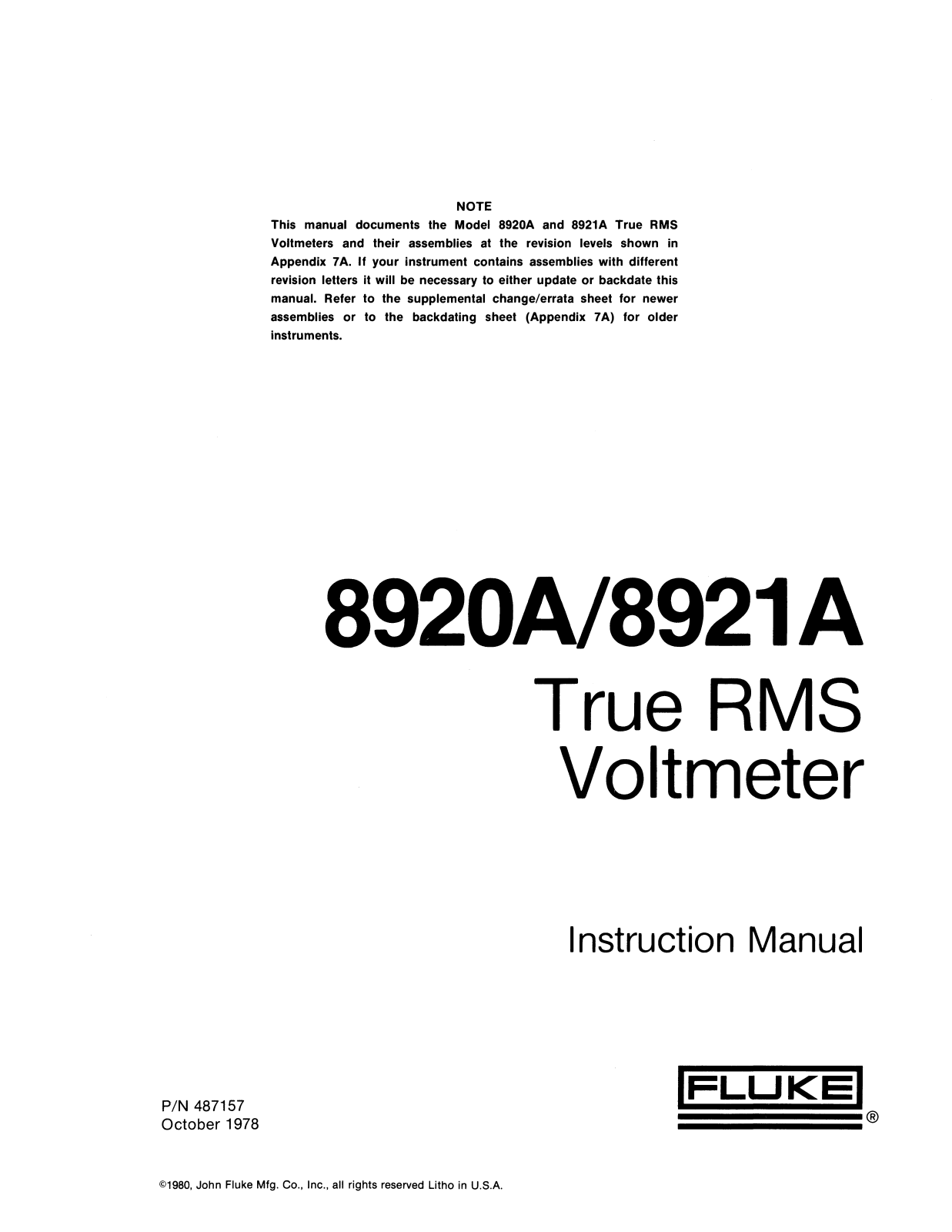 Fluke 8921A, 8920A Service manual