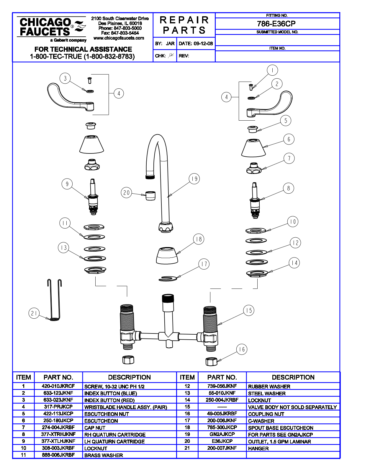 Chicago Faucet 786-E36 Parts List