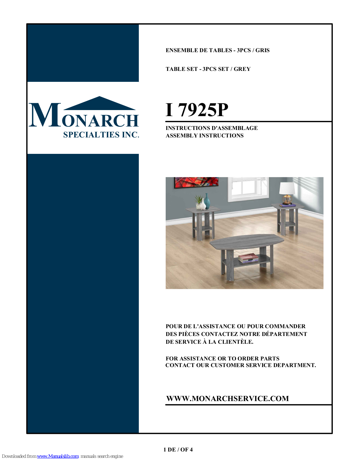 Monarch Specialties I 7925P, I 7927P Assembly Instructions Manual