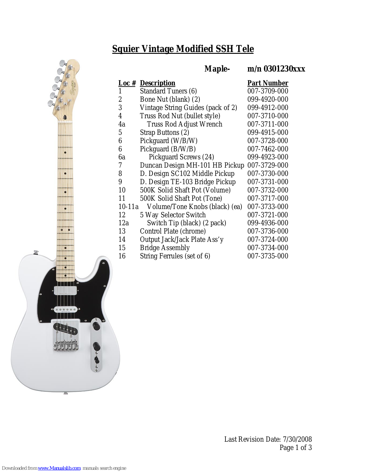 Squier Vintage Modified SSH Tele Specifications - ManualMachine.com