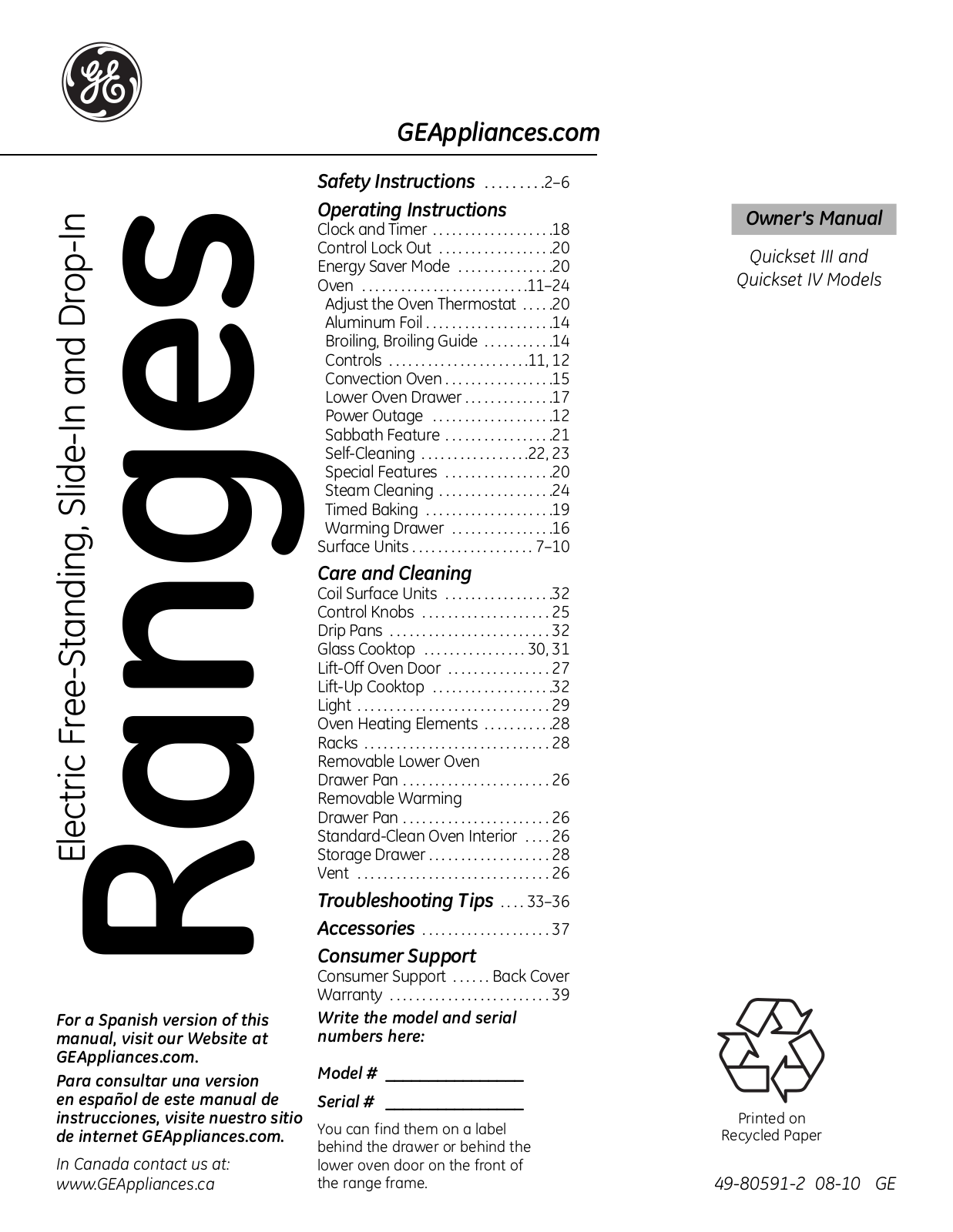 General Electric JBP28DRWW User Manual