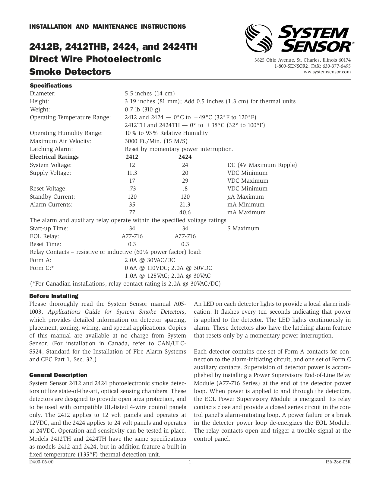 System Sensor 2412B, 2412THB, 2424, 2424TH User Manual