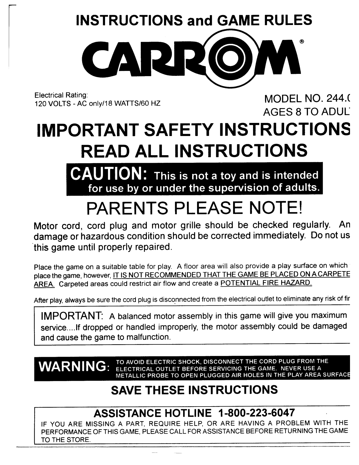 Carrom 244, AIR HOCKEY ELECTRIC SCORING User Manual