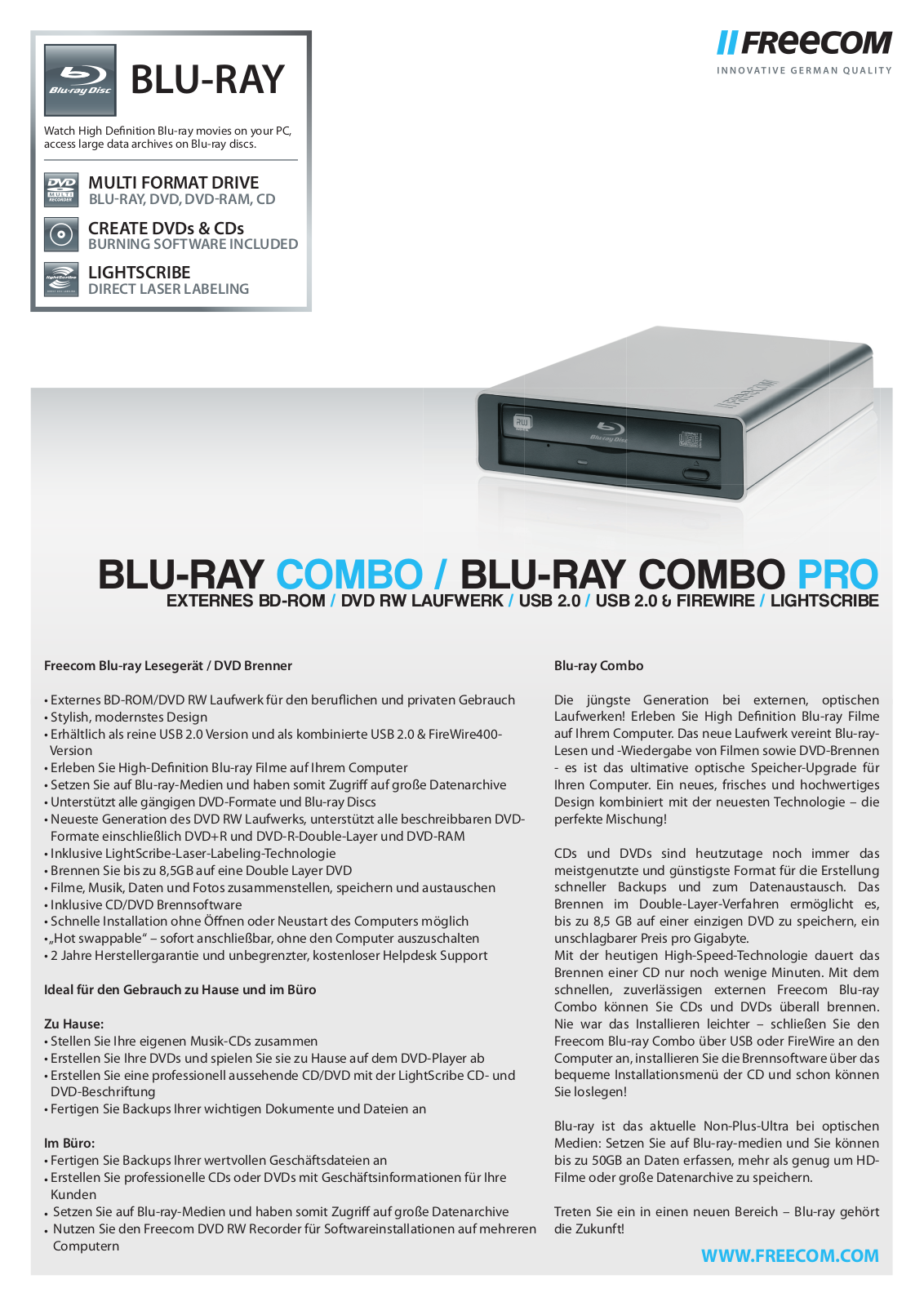 Freecom BLU-RAY COMBO PRO, BLU-RAY COMBO DATASHEET