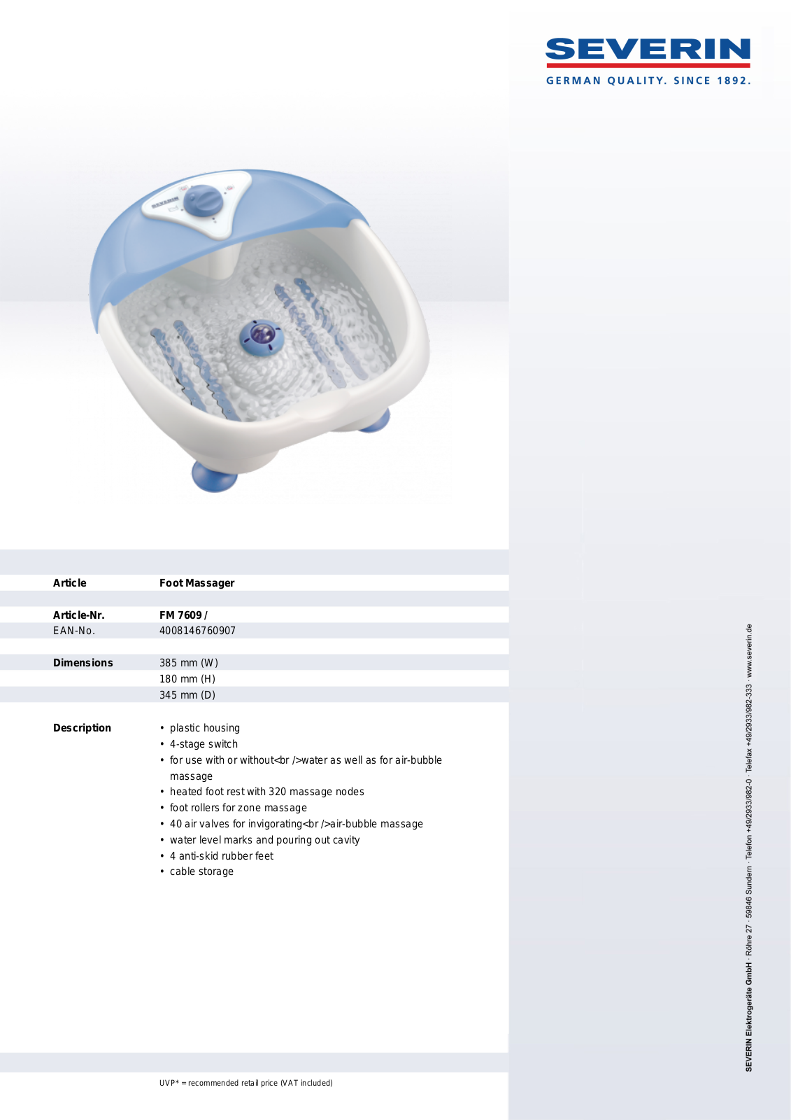 Severin FM 7609, FOOT MASSAGER User Manual