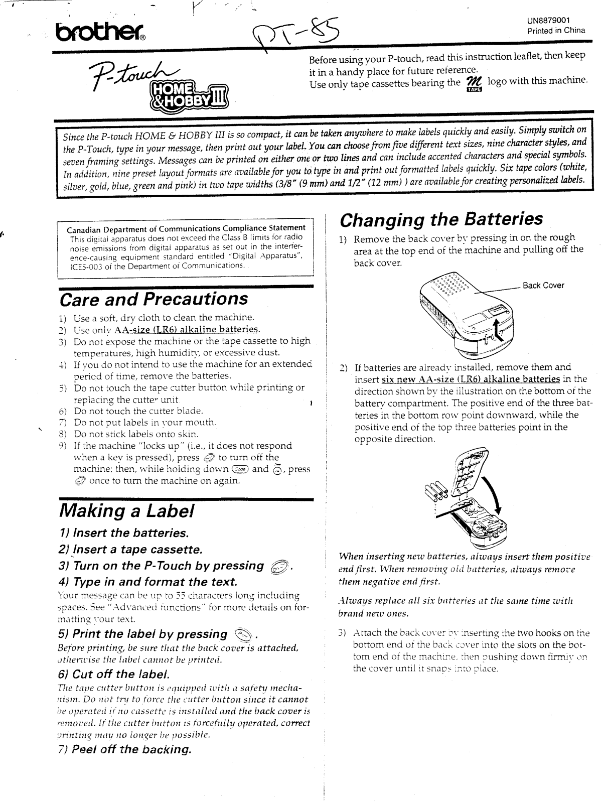 Brother PT-85 User Manual