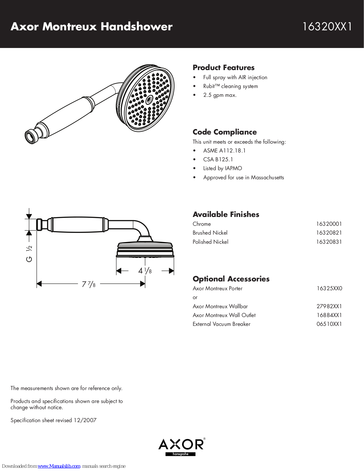 Axor 16320001, 16320821, 16320831 Specification Sheet