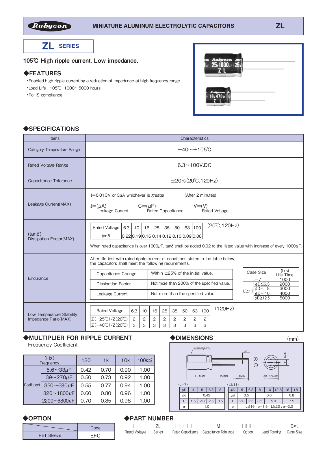 Datasheet Rubycon [radial thru-hole] ZL series Datasheet - ManualMachine.com