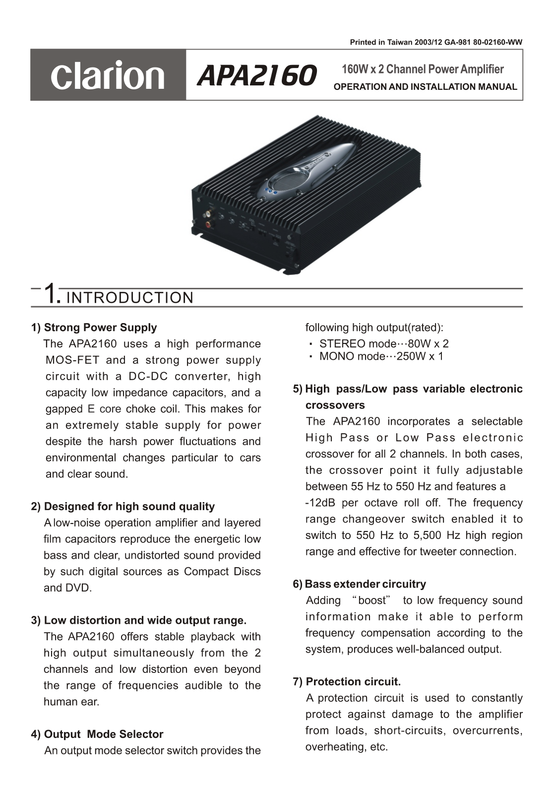 Clarion APA2160 User Manual