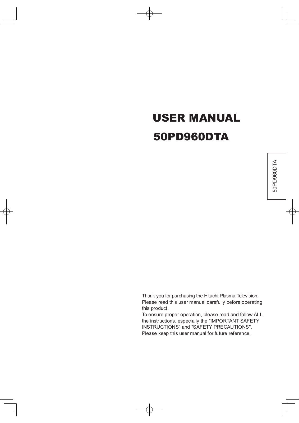 Hitachi 50PD960DTA User Manual