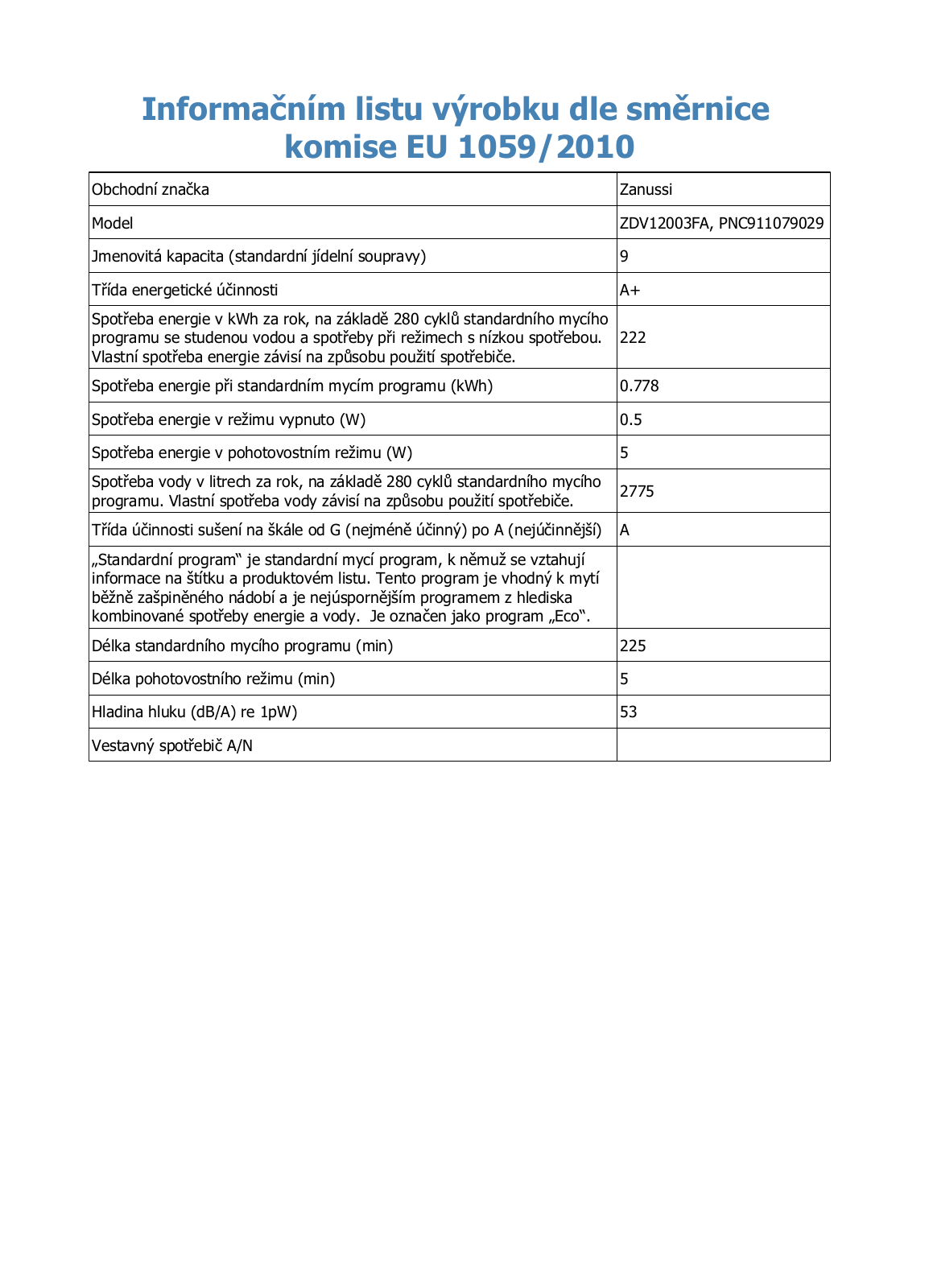 Zanussi ZDV12003FA User Manual