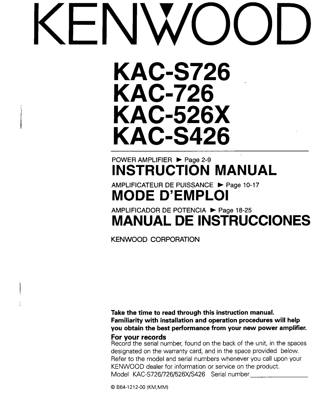 Kenwood KAC-S426, KAC-S726, KAC-726, KAC-526X Owner's Manual