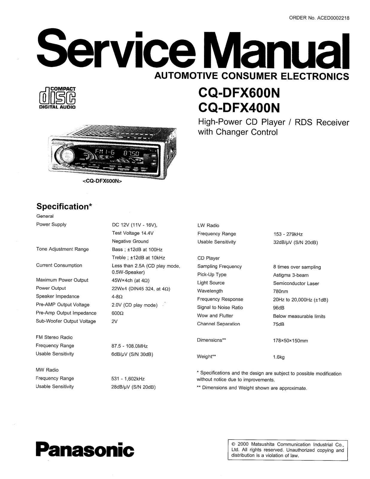 Panasonic CQ-DFX400N, CQ-DFX600N Schematic