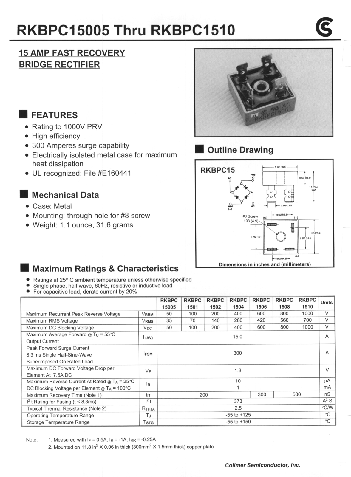 CALLMER RKBPC15005, RKBPC1501, RKBPC1502, RKBPC1504, RKBPC1506 Datasheet