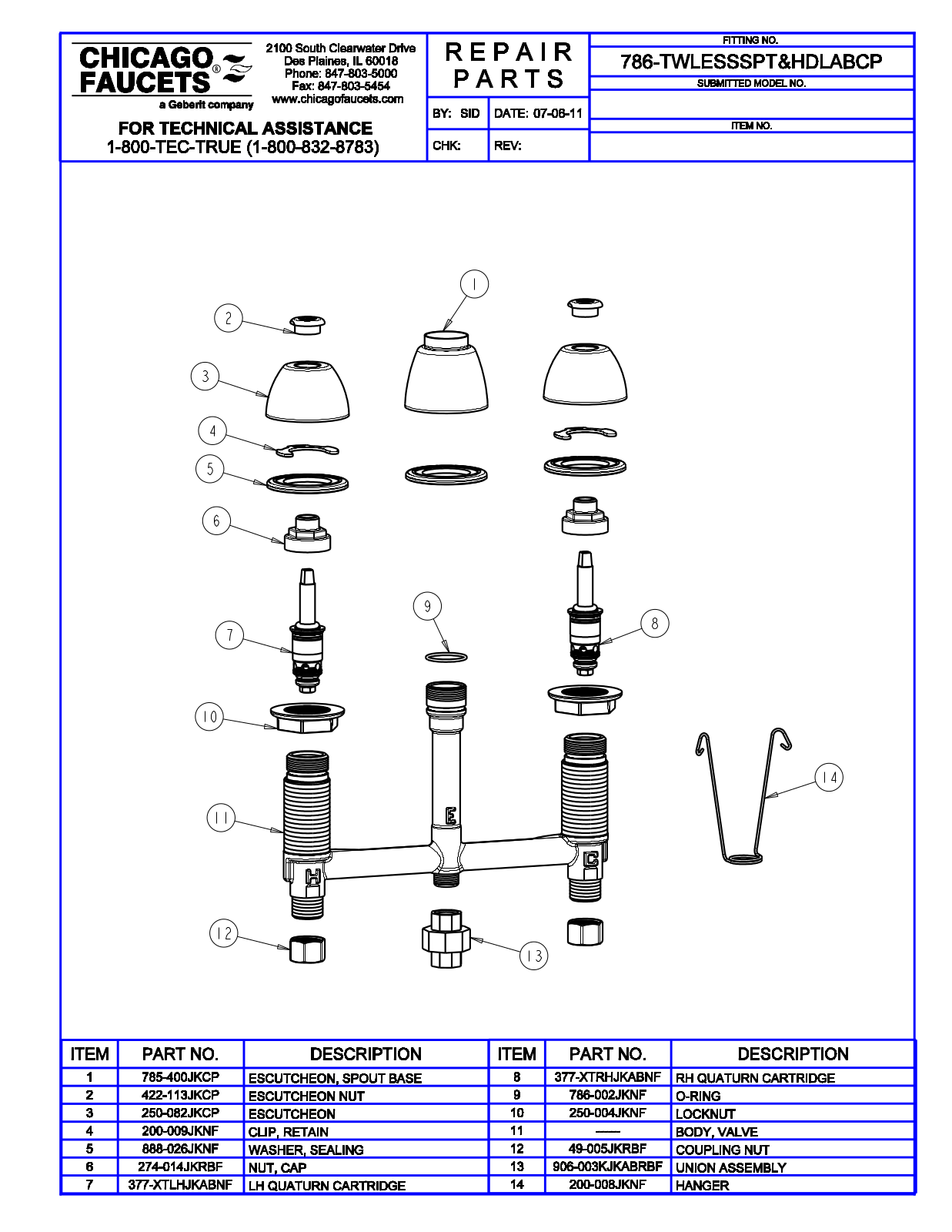 Chicago Faucet 786-HDLABCP Parts List