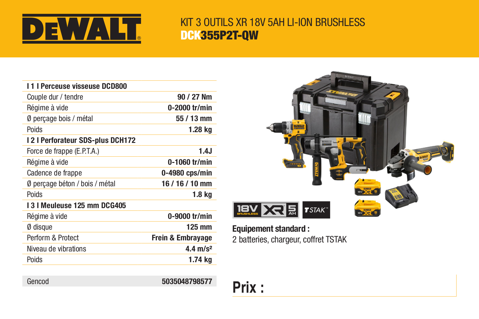 DeWALT DCK355P2T Specification