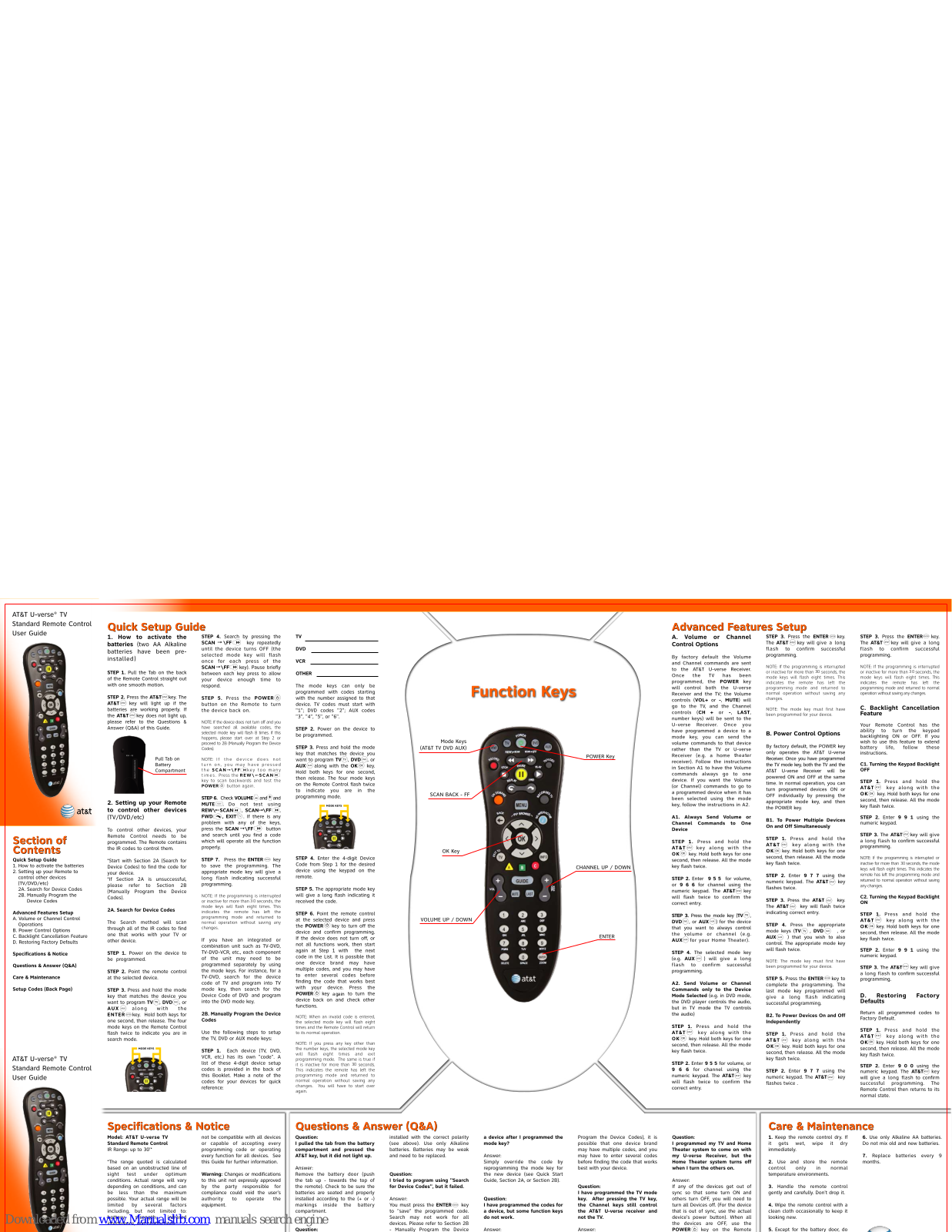 AT&T U-verse TV Standard Remote Control User Manual