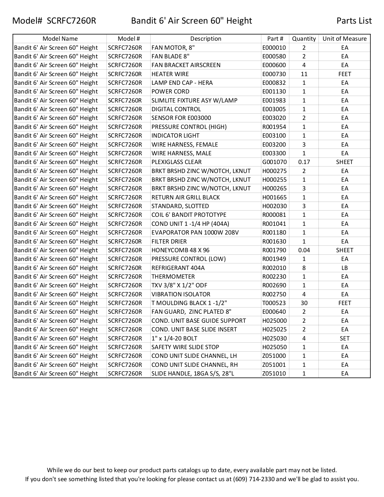 RPI Industries SCRFC7260R Parts List