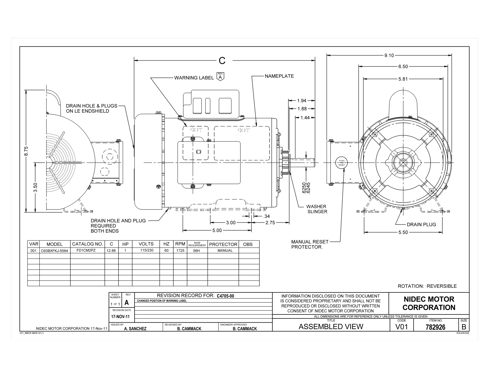 US Motors FD1CM2PZ Dimensional Sheet