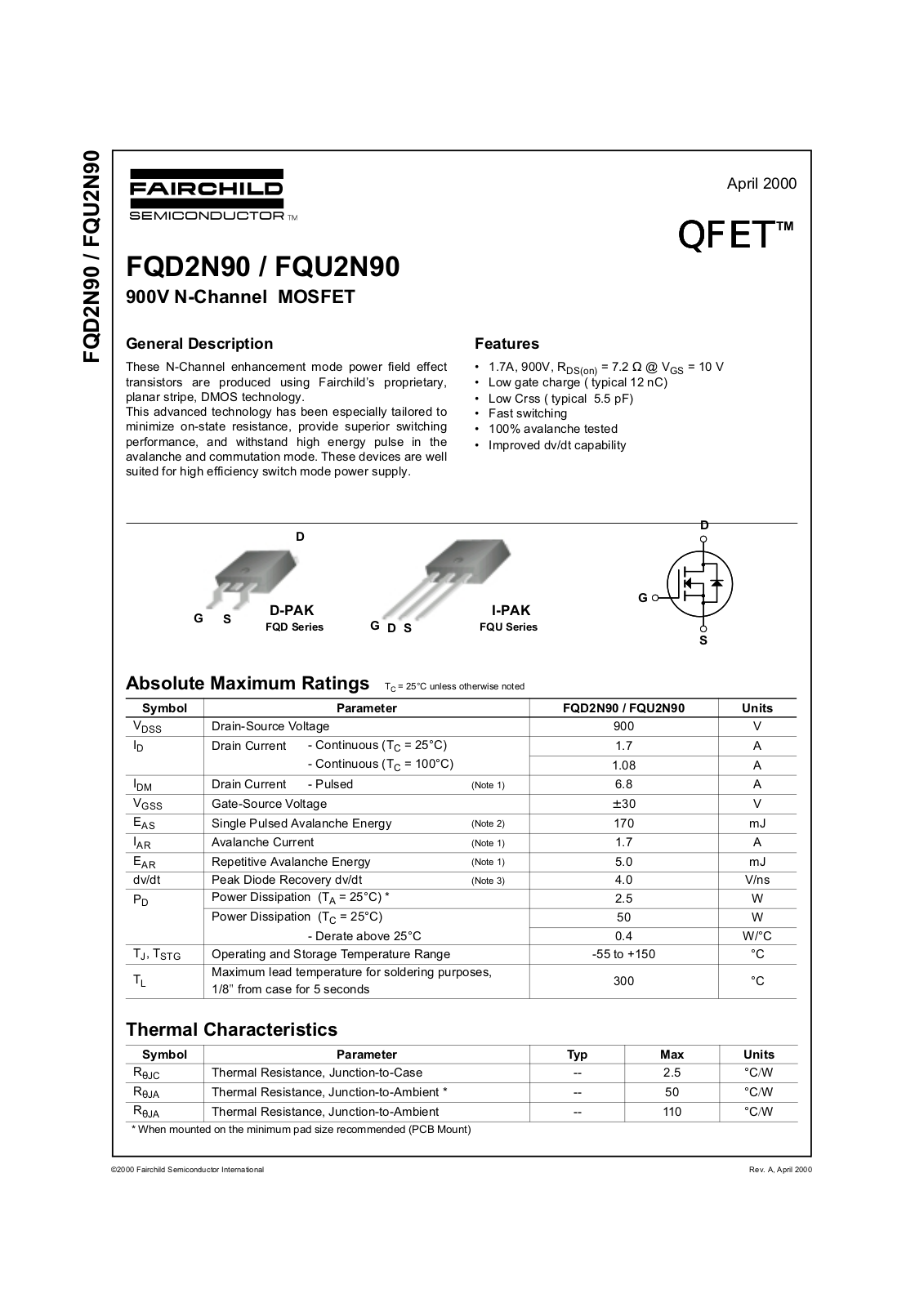 Fairchild Semiconductor FQU2N90, FQD2N90 Datasheet