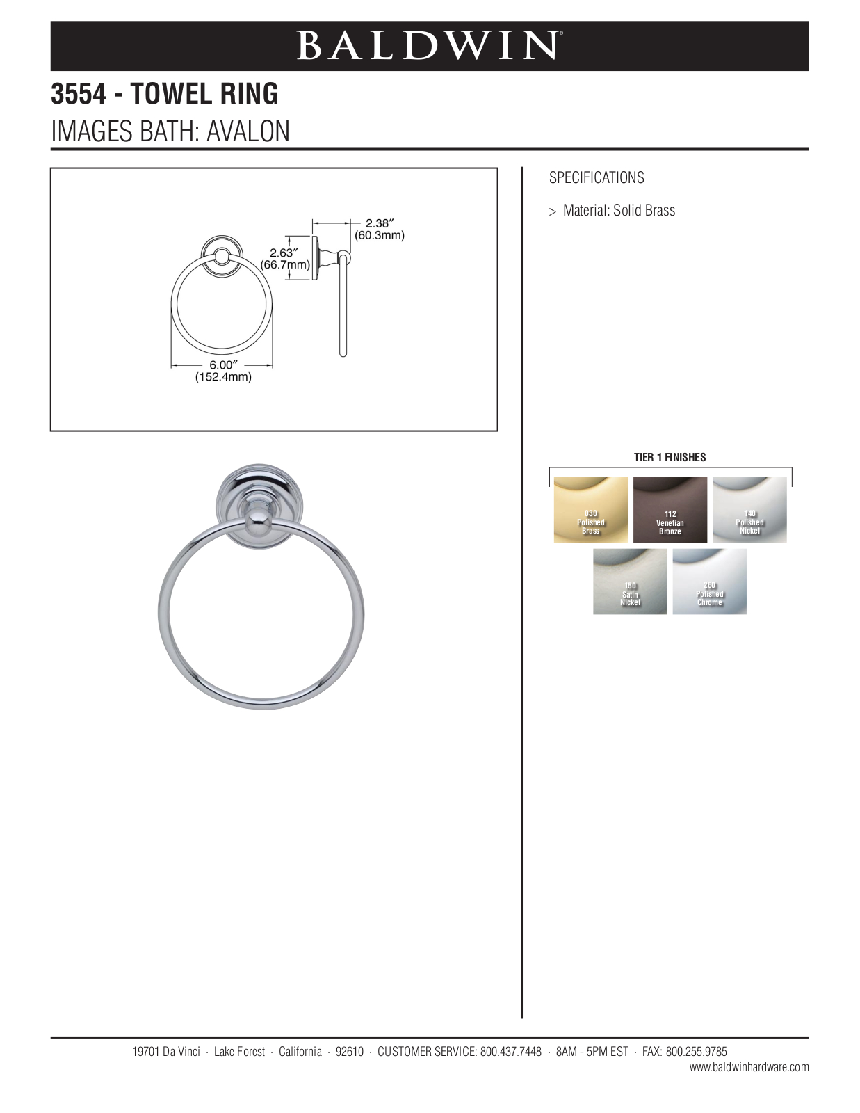 Baldwin Avalon Towel Ring User Manual