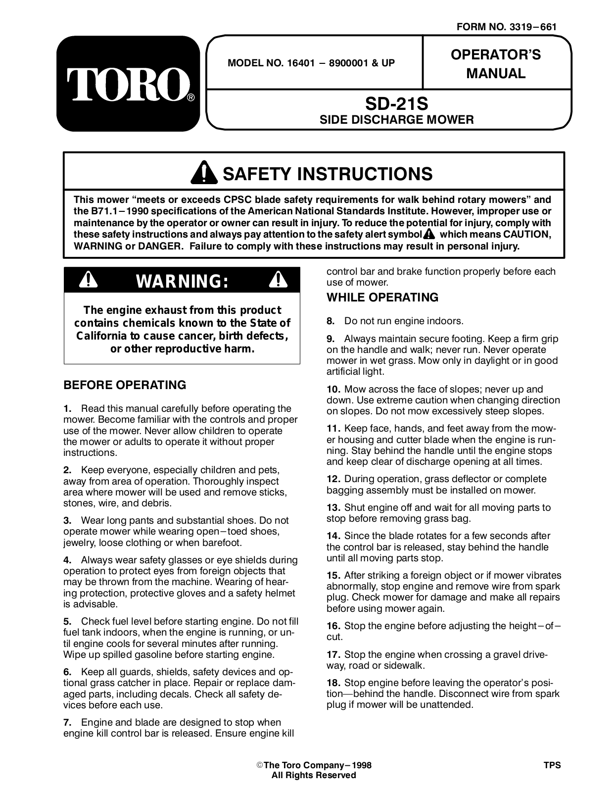 Toro 16401 Operator's Manual