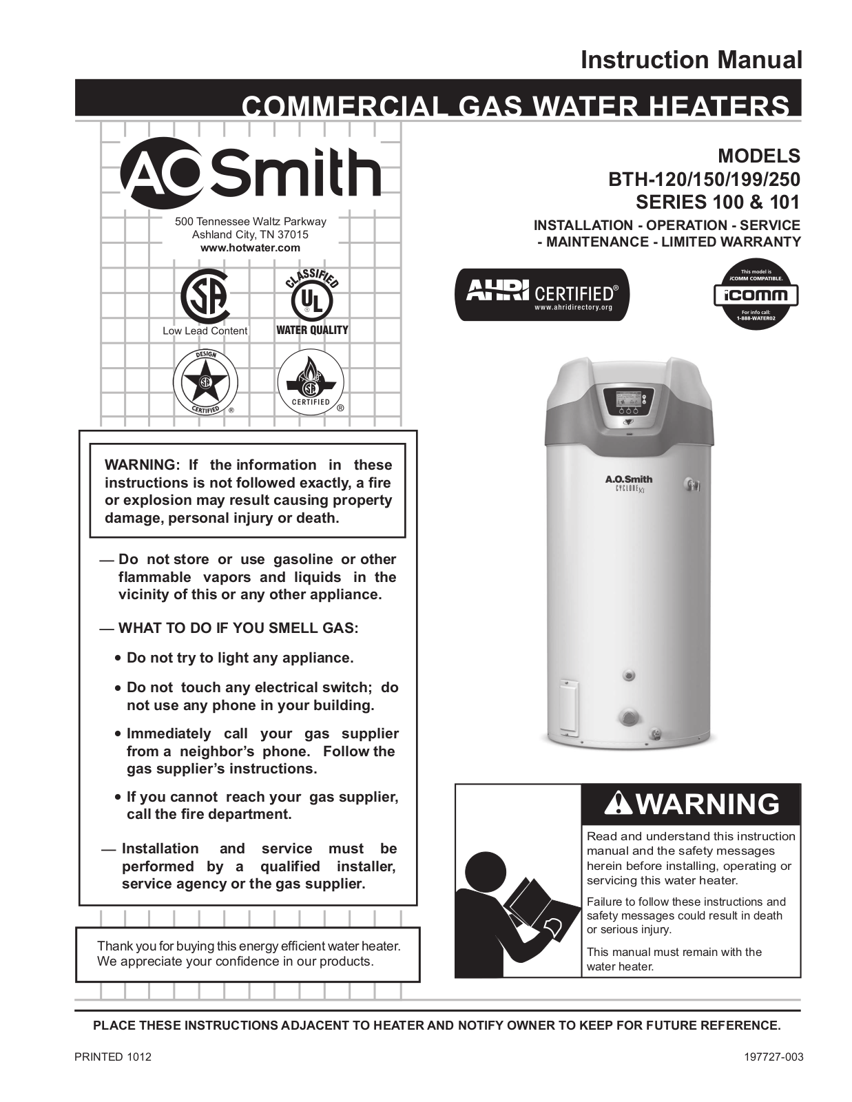 Ao Smith BTH-199 User Manual