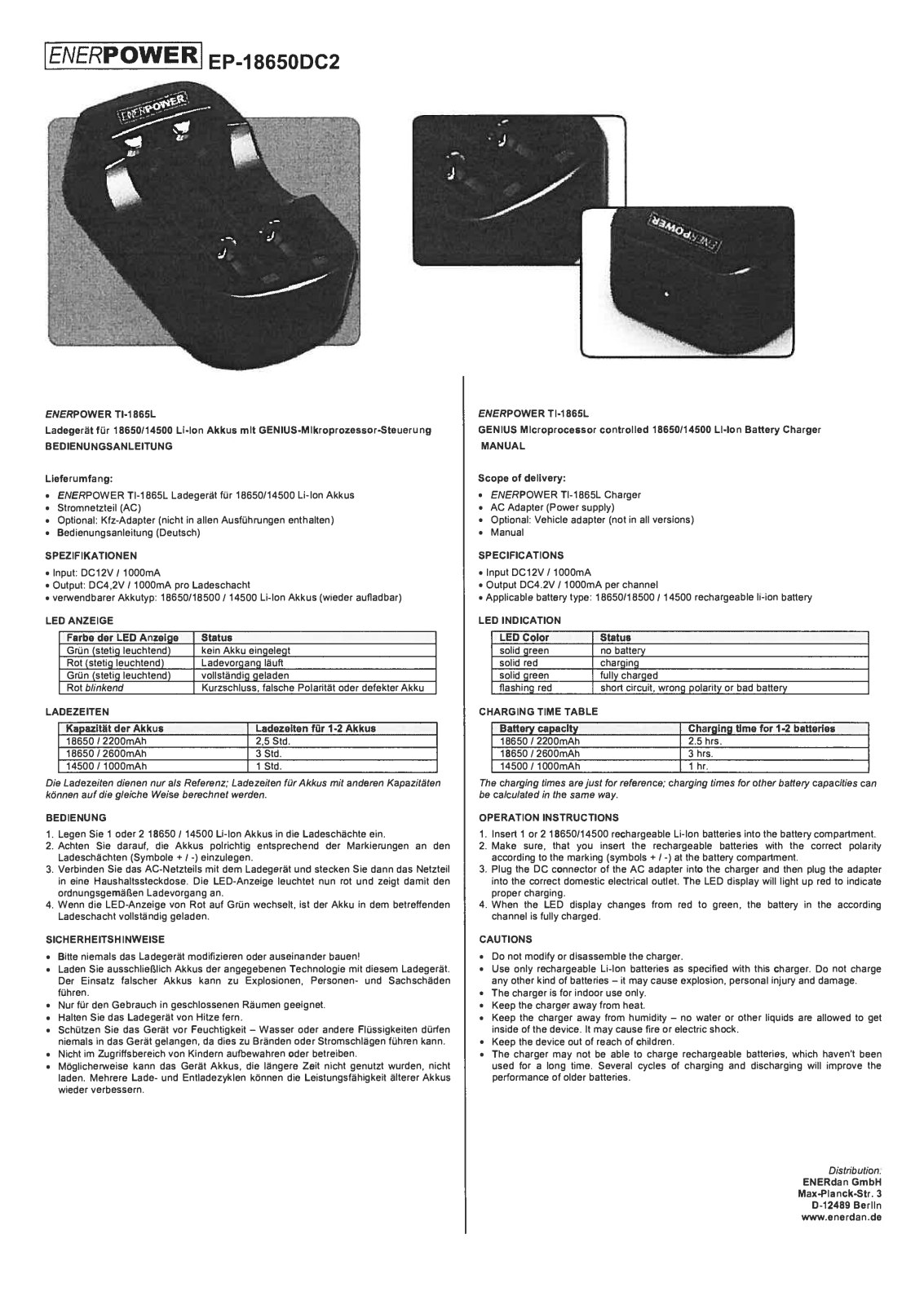 ENERPOWER EP-18650DC2 User guide