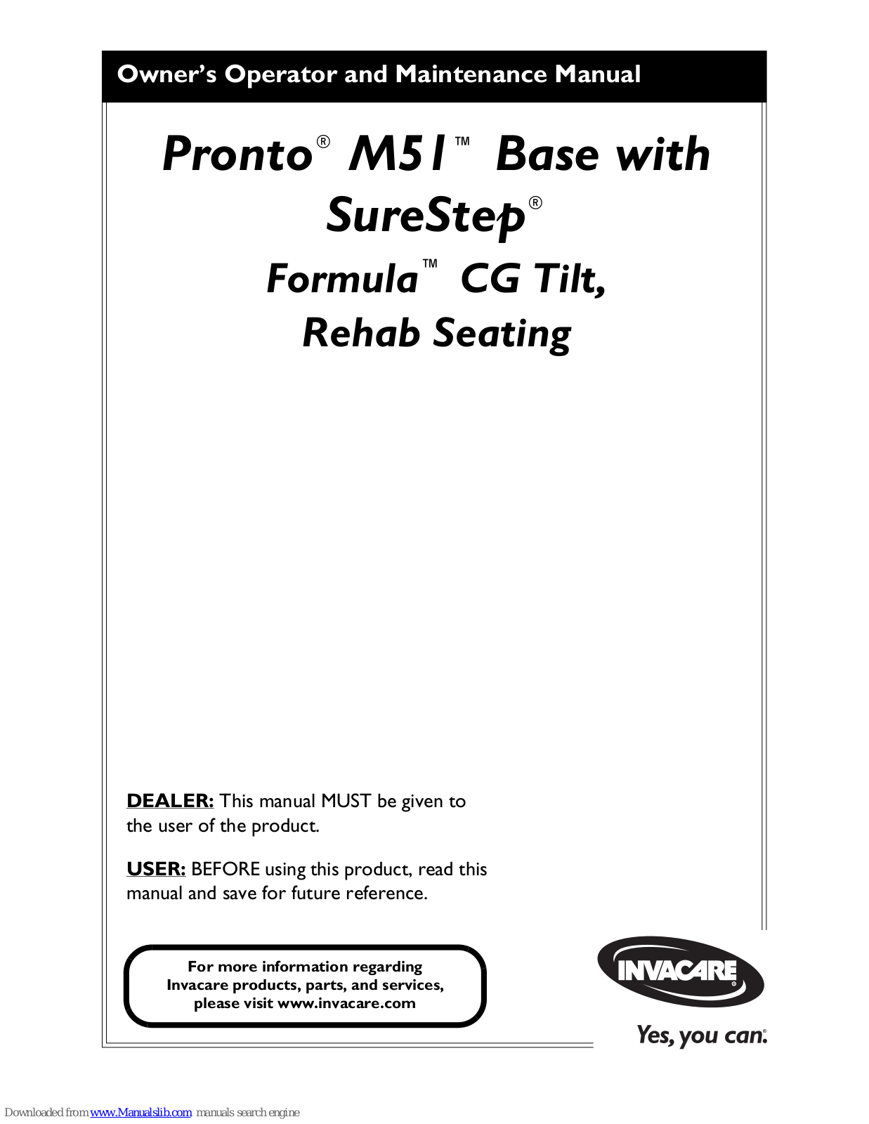 Invacare Pronto M51 Base Owner's Operator And Maintenance Manual