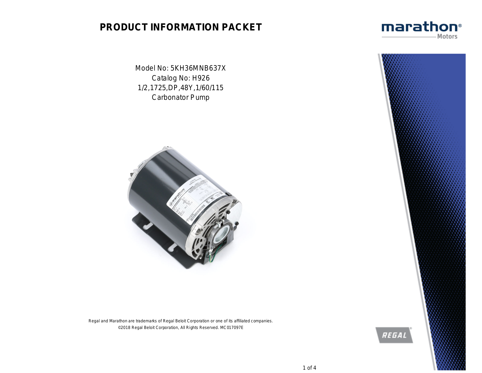 Marathon Electric 5KH36MNB637X Product Information Packet