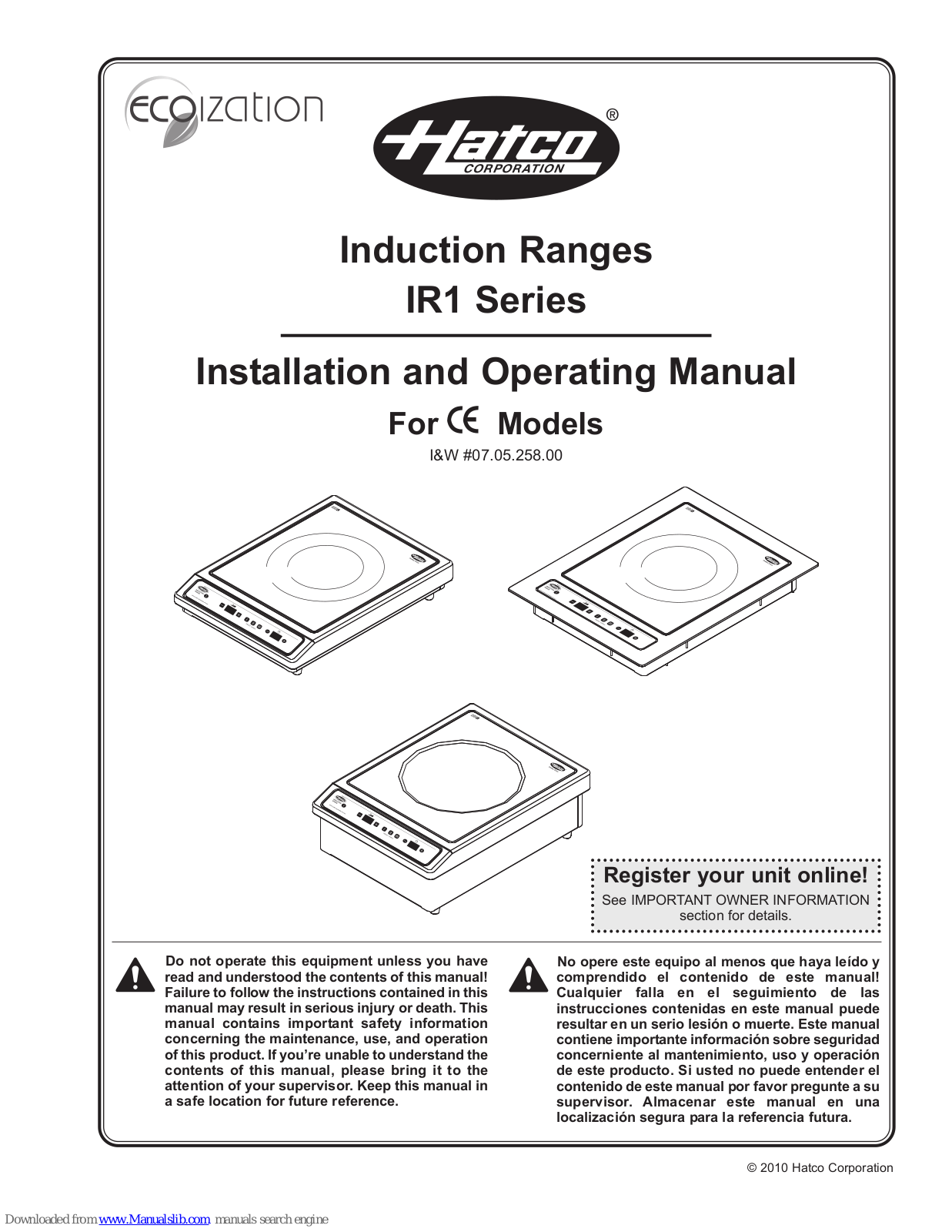 Hatco IR1-3000, IRB1-3000, IRW1-3000 Installation And Operating Manual