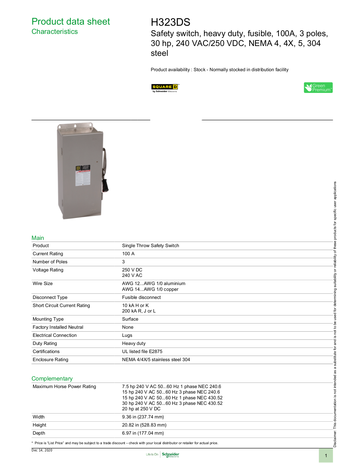Square D H323DS Data Sheet