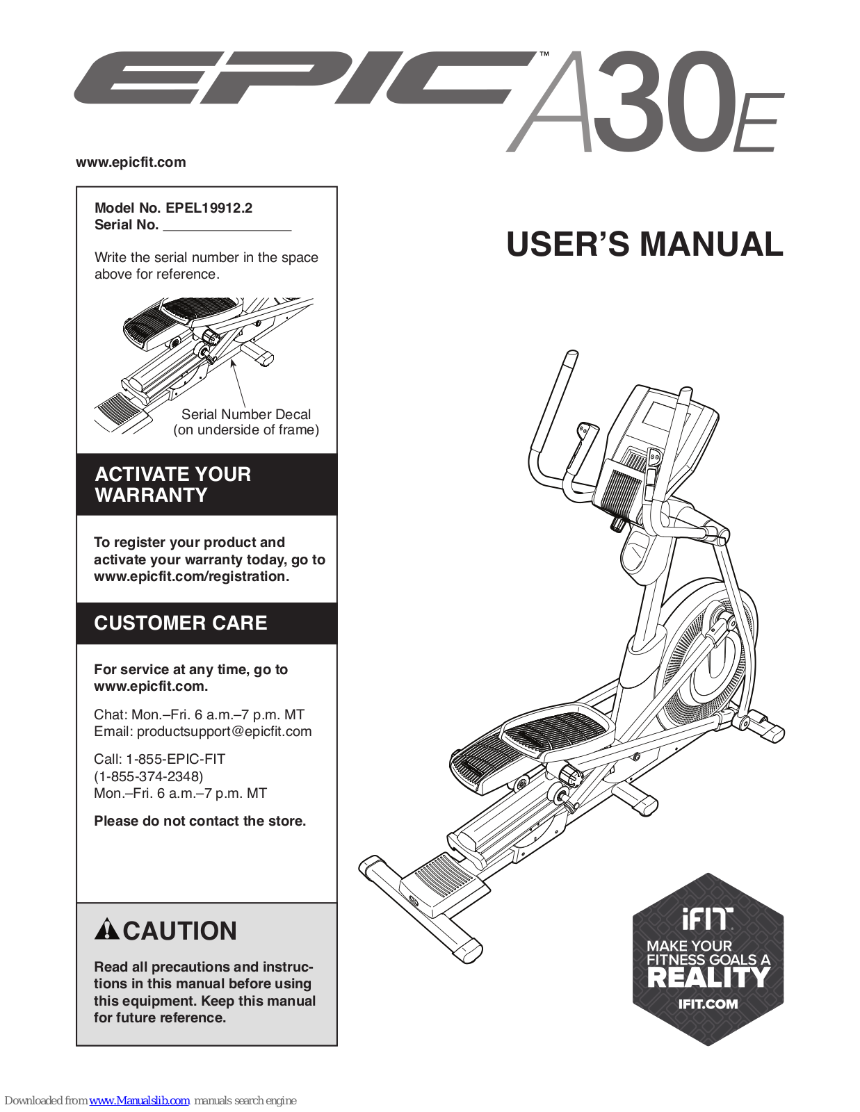 Epic Fitness A30e Elliptical, EPEL19912.2 User Manual