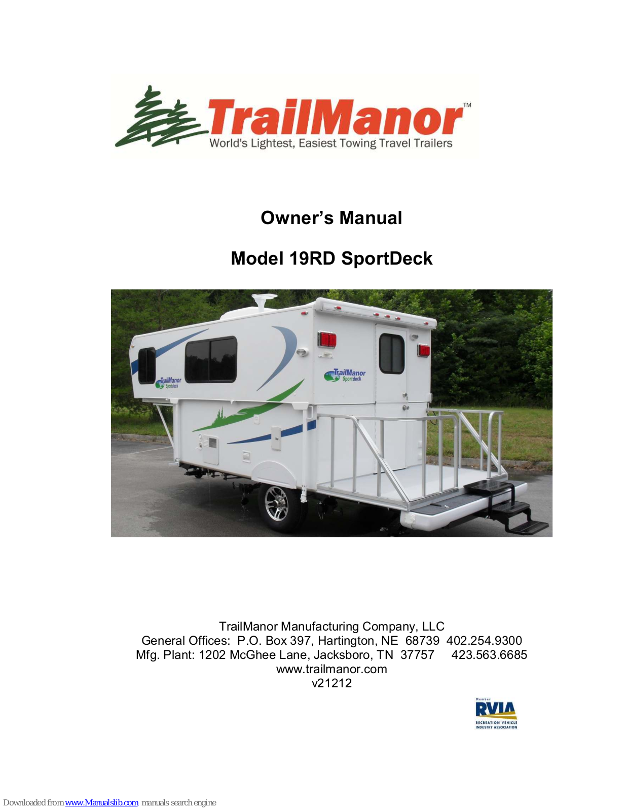 TrailManor 19RD SportDeck Owner's Manual