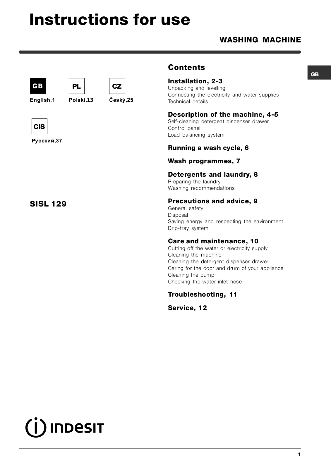 Indesit SISL 129 User Manual