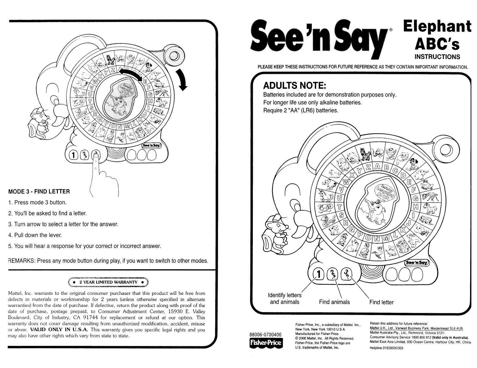 Fisher-Price 88006 Instruction Sheet