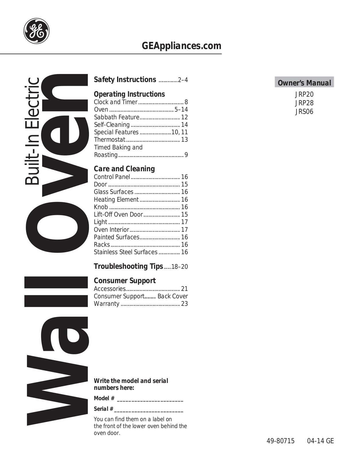 GE JRS06SKSS, JRS06BJBB, JRP20WJWW, JRP28BJBB User Manual