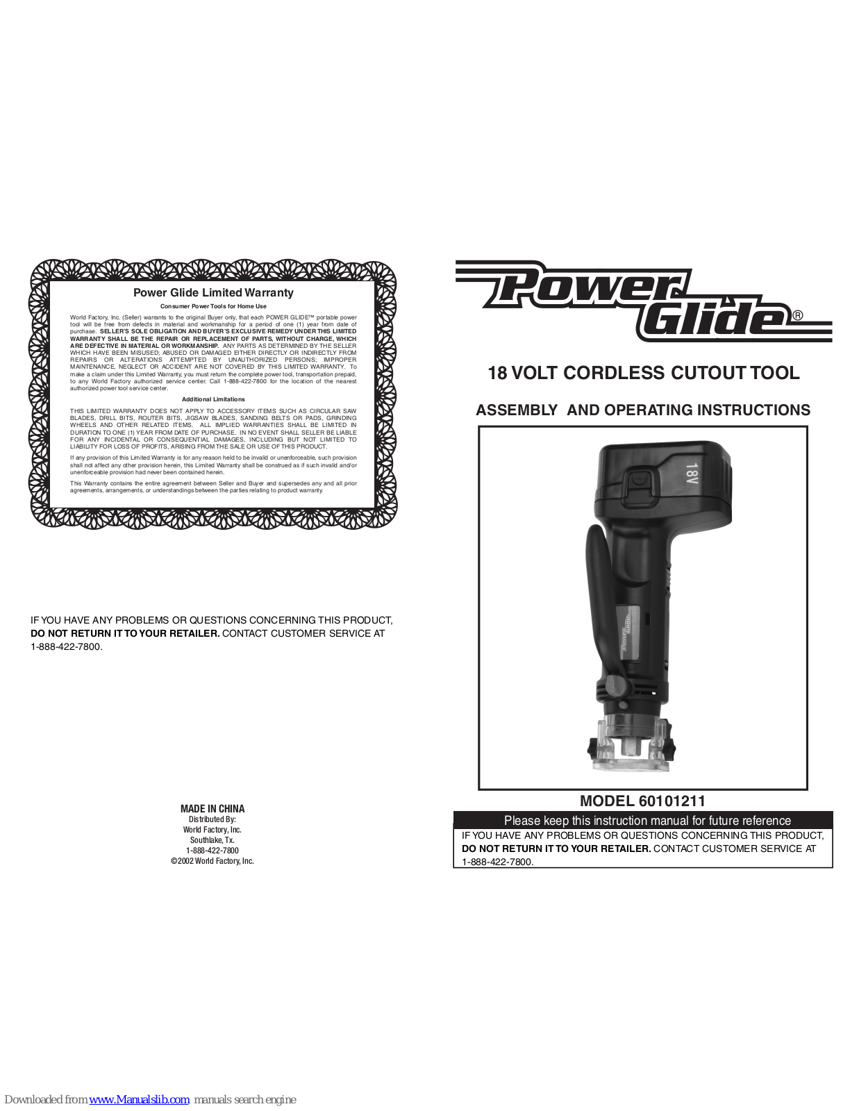 Power Glide 60101211 Assembly And Operating Instructions Manual