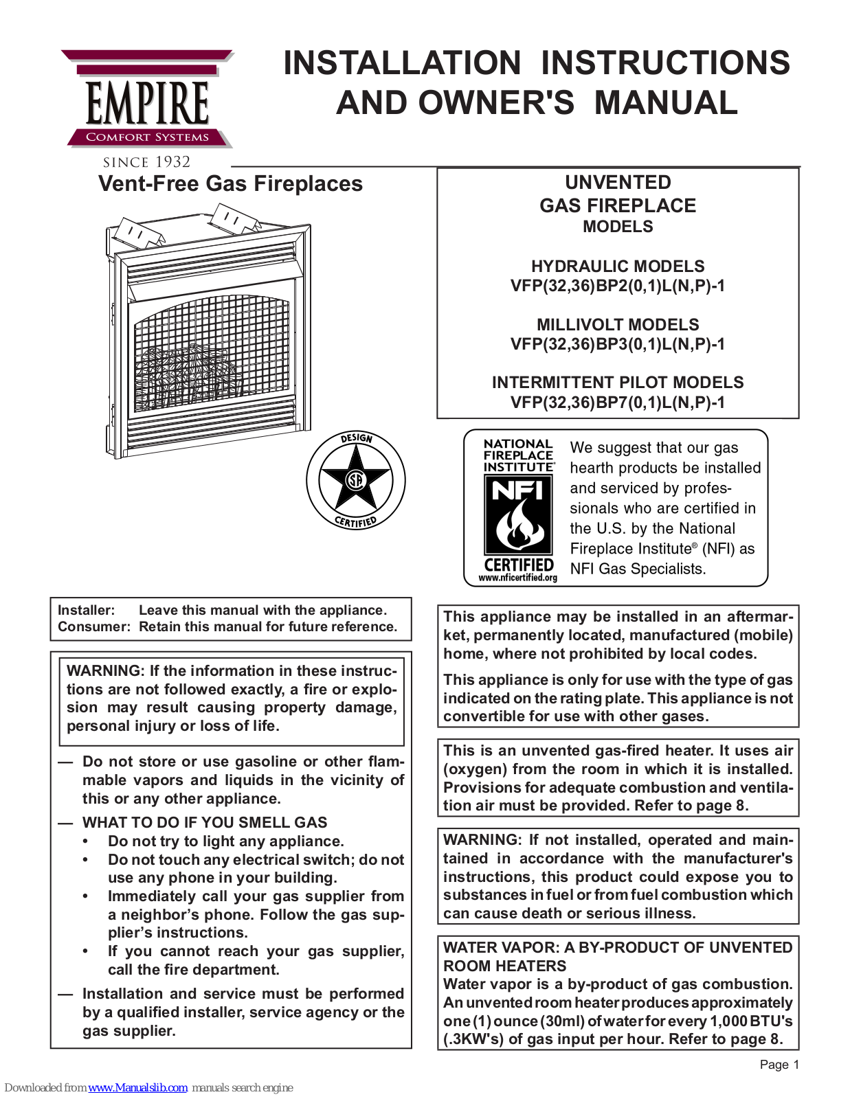 Empire Comfort Systems HYDRAULIC, MILLIVOLT, INTERMITTENT PILOT, VFP32BP20LN-1, VFP36BP21LP-1 Installation Instructions And Owner's Manual